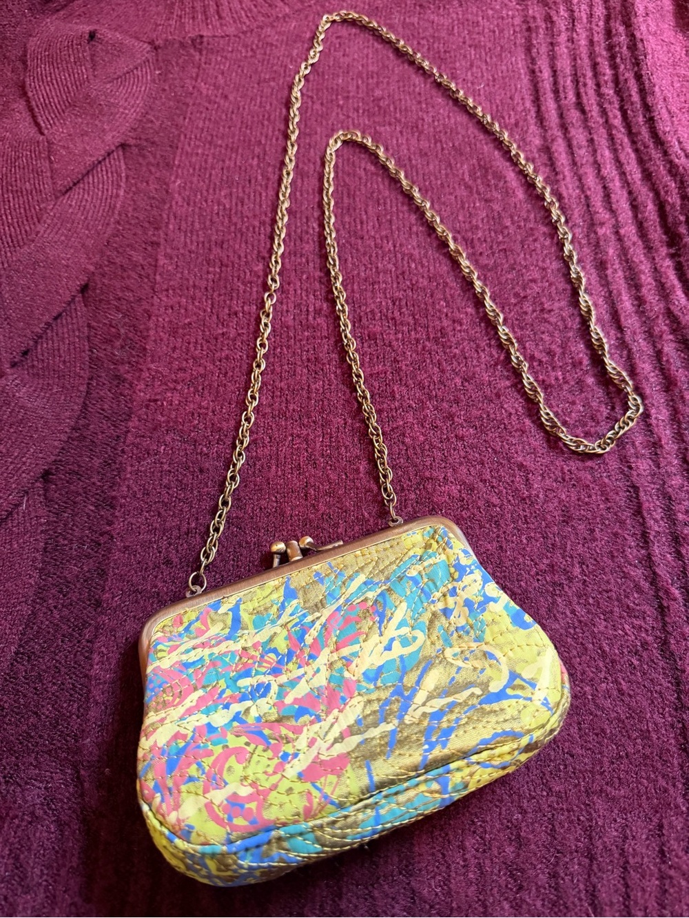 Kristin Lee 100% Silk (by Walter Knabe) Clutch w/ Chain Strap Floral/Text Print